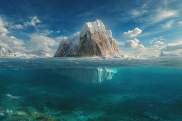 Iceberg rises majestically from clear blue waters under a vivid sky in a remote polar landscape during midday light