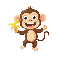 Happy Cartoon Monkey Holding Banana,Cute Monkey Vector Illustration,Funny Monkey Character for Kids,Cartoon Monkey with Banana Vector,Playful Monkey Mascot Design,Smiling Monkey Clipart for Children