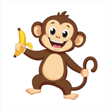 Happy Cartoon Monkey Holding Banana,Cute Monkey Vector Illustration,Funny Monkey Character for Kids,Cartoon Monkey with Banana Vector,Playful Monkey Mascot Design,Smiling Monkey Clipart for Children