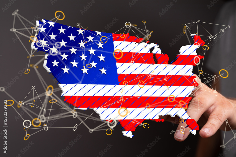 Poster illustrative image of a us map with digital network connections, representing national connectivity.