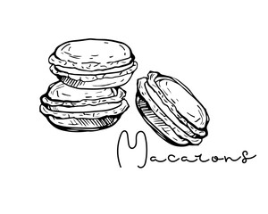Hand drawn French Cake Macarons Pastry Sketch with Macarons lettering isolated on white background. French dessert poster for cafe, menu, wall art. Hand written brush calligraphy quote. Sweet dessert.