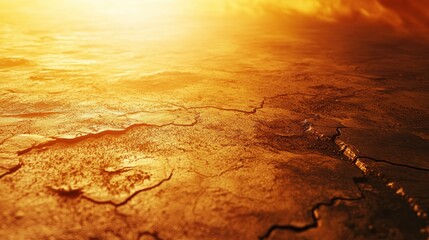 A sunlit view of a cracked and desolate desert landscape