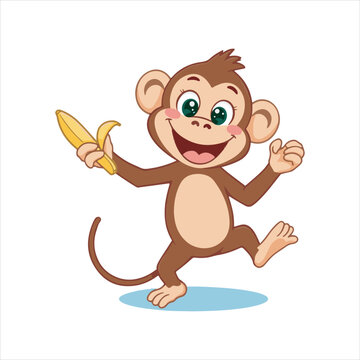 Happy Cartoon Monkey Holding Banana,Cute Monkey Vector Illustration,Funny Monkey Character for Kids,Cartoon Monkey with Banana Vector,Playful Monkey Mascot Design,Smiling Monkey Clipart for Children