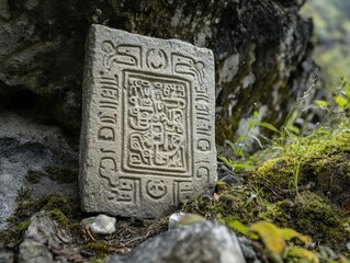 An old stone tablet has strange markings.  These suggest a lost society once lived there.
