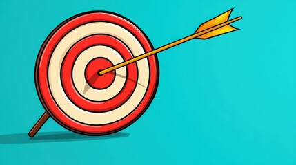 Bullseye with Arrow Hitting Target on Bright Blue Background in Flat Design Style
