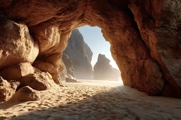 Gardinen Sunlight streaming through the large sea cave illuminates the sandy beach, revealing a stunning view of the ocean and majestic cliffs in the distance, evoking a sense of tranquility and beauty © Oleh