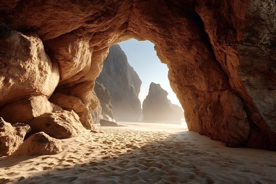 Sunlight streaming through the large sea cave illuminates the sandy beach, revealing a stunning view of the ocean and majestic cliffs in the distance, evoking a sense of tranquility and beauty