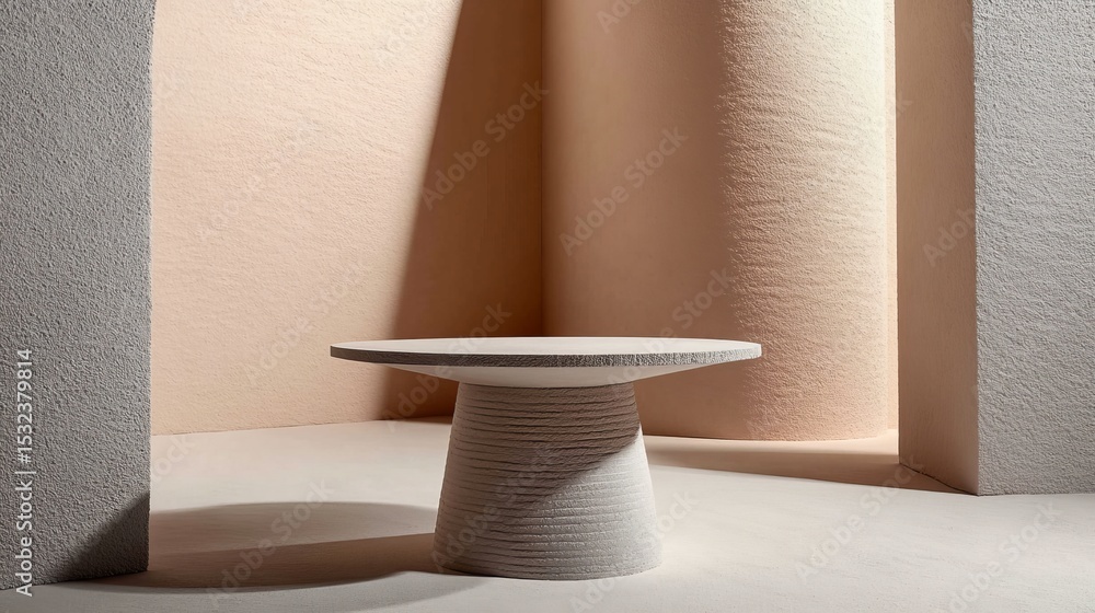 Poster minimalist abstract exhibition setup with plaster forms and neutral color textures backdrop