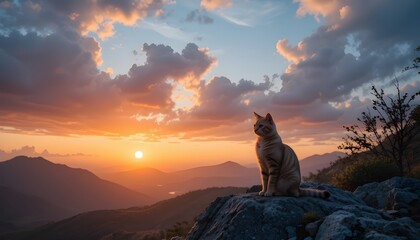 Cat Sitting on Rock Watching Dramatic Sunset Nature Scenery

