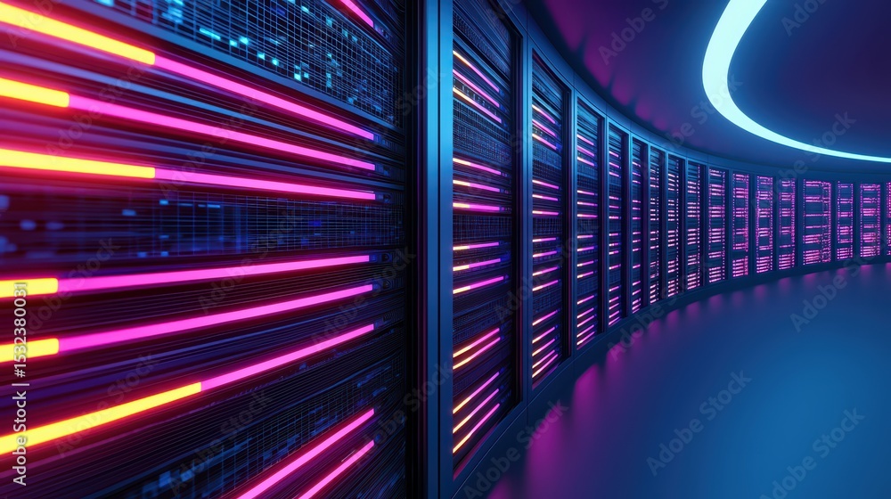 Poster futuristic data center with colorful led lights and curved server racks for digital technology conce