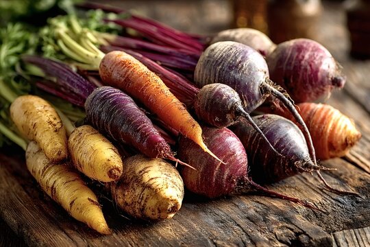 Display of vibrant beets and carrots, freshly harvested and showcasing a variety of colors, textures, and earthy tones on a rustic wooden table, celebrating the beauty of organic produce - Powered by Adobe