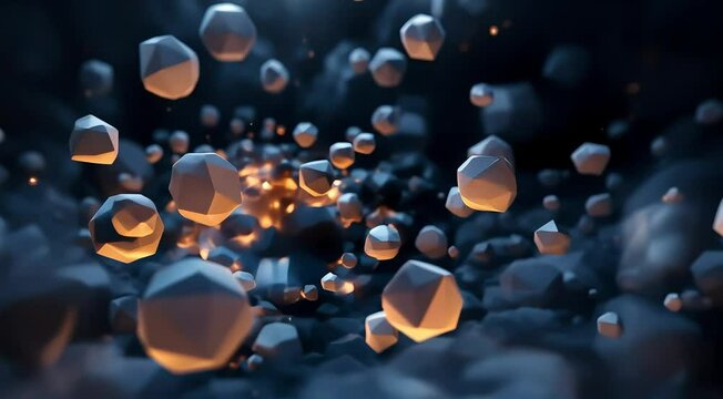 3D polyhedral shapes floating in space, pulsating with light and gradually forming into abstract larger structures