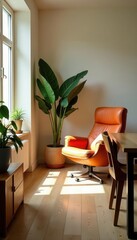 Uncluttered space, natural light, functional furniture, open plan, wood