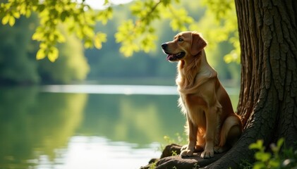 Tolling Retriever perched in tall tree by lake, woods, forest