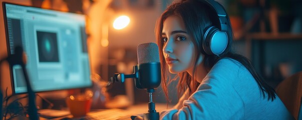 Content creator occupation concept: Woman recording audio in her home office with a condenser microphone, creating content for her online audience, Generative AI