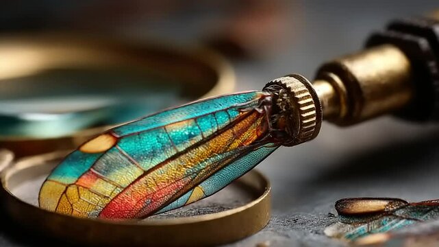 Close-up of a vibrant insect wing under a magnifying glass, showcasing intricate patterns and colors