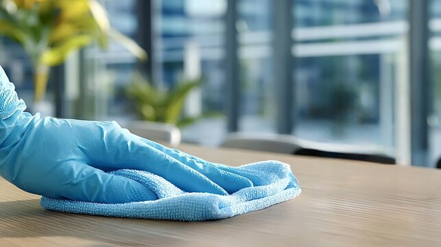 Close-up of a gloved hand wiping a desk with a blue microfiber cloth, emphasizing hygiene and cleanliness in a professional office environment with blurred background
