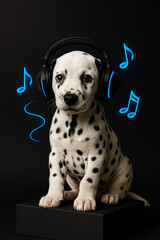 "Puppy with shining headphones | Minimalist music concept with 3D notes on dark gradient"