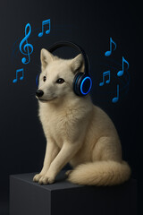 "Arctic Fox with Glowing Headphones | Minimalist Music Concept with 3D Notes on Dark Gradient"