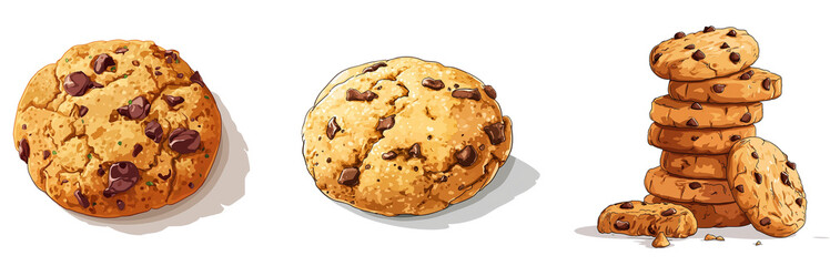 chocolate chip cookies drawing illustration isolated on transparent and white background.