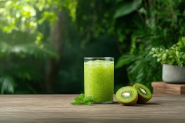 Refreshing green kiwi smoothie served in a clear glass with fresh mint leaves on a wooden table in a lush garden setting
