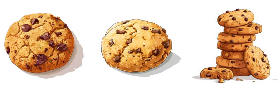 chocolate chip cookies drawing illustration isolated on transparent and white background.