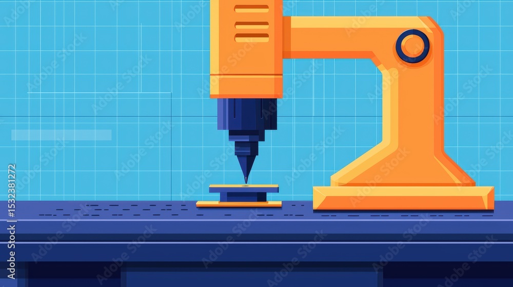 Poster robotic arm with precise tool on workbench for manufacturing and design applications in modern indus