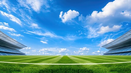 Fototapeta premium Lush Green Soccer Field Under Bright Blue Sky with Fluffy White Clouds in a Vibrant Stadium Setting
