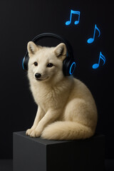"Arctic Fox with Glowing Headphones | Minimalist Music Concept with 3D Notes on Dark Gradient"