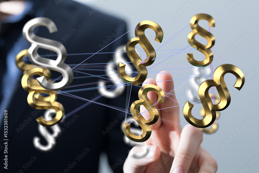 Poster abstract image of interconnected paragraph symbols, representing legal networks and collaboration.