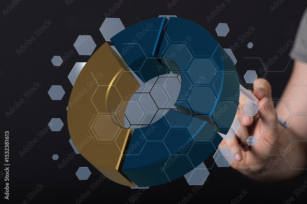 Leinwandbilder A hand interacts with a 3D pie chart on a mobile device, visualizing business data and analytics.