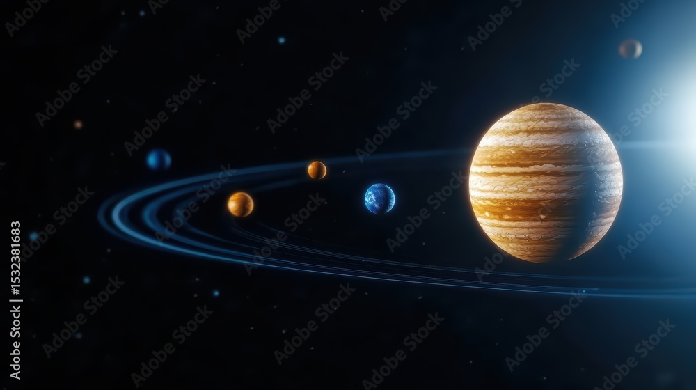 Poster majestic view of the solar system with jupiter and its colorful planets orbiting in space