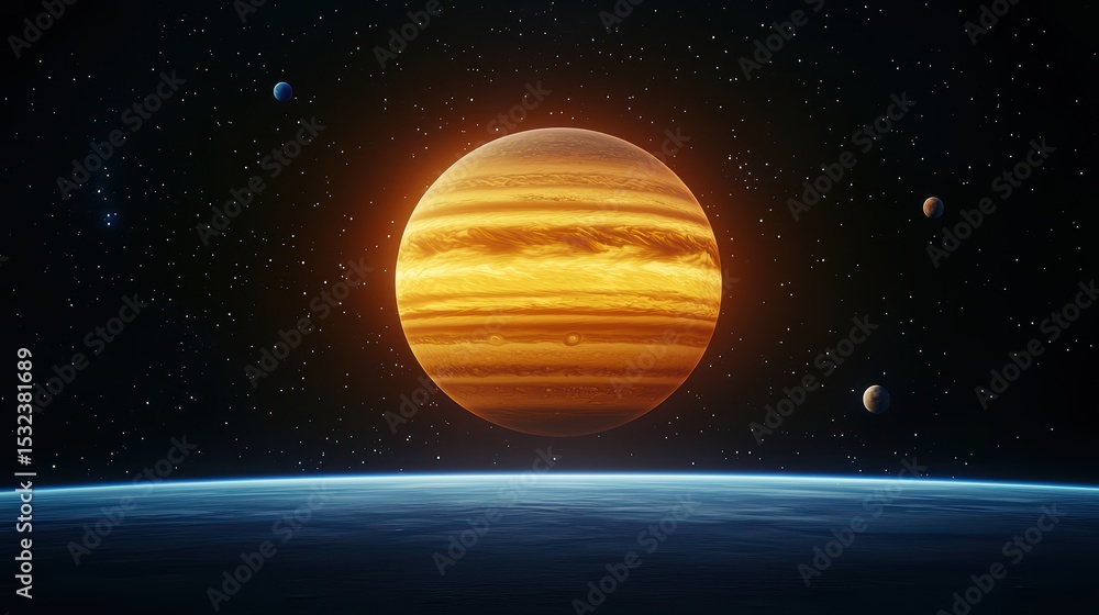 Poster stunning view of jupiter in space with colorful bands and surrounding planets on a dark starry backg