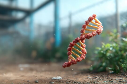 Digital representation of DNA helix floating above a natural setting with detailed textures and vibrant colors