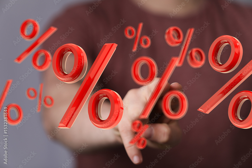 Poster 3d rendering of a person interacting with red percentage symbols, ideal for finance, sales, and disc