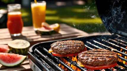 Grilled beef burger patties on barbecue with tomato slice, watermelon, and juice in summer backyard party