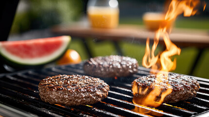 Juicy beef burger patties grilling on barbecue with flame, watermelon slice and orange juice in background, summer outdoor
