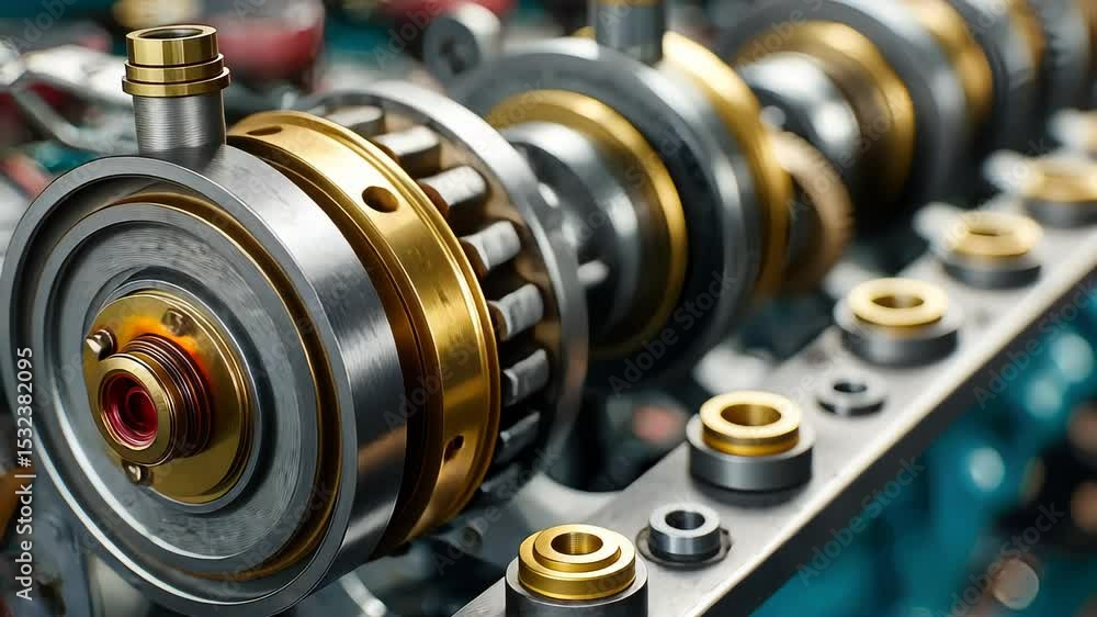 Poster close-up of a high-tech piston mechanism with detailed golden and metallic textures, emphasizing pre