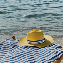 Yellow sun hat blue striped towel beach summer ocean relaxation vacation sunlight outdoor