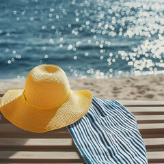 Yellow sun hat striped towel wooden bench beach summer sunlight vacation ocean