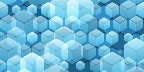 A geometric pattern of repeating cubes of various sizes on a hexagonal grid and with subtle blue gradients. The 3D effect adds depth, creating a modern and versatile background design.