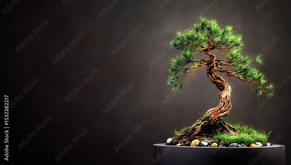 Poster for product rendering, a japanese podium and bonsai tree with black are utilized to create an elegan