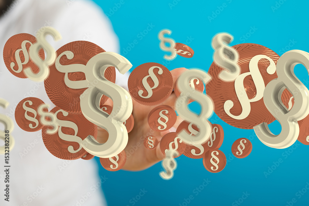 Poster abstract image of paragraph symbols floating around a hand, representing legal concepts, law, and re