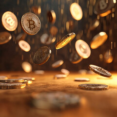 Falling gold coins, digital currency, bitcoin, wealth, investment, financial success, glowing light