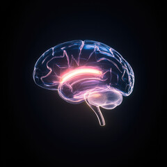 Futuristic brain illustration, glowing neural pathway, digital art, side view, black background, science concept
