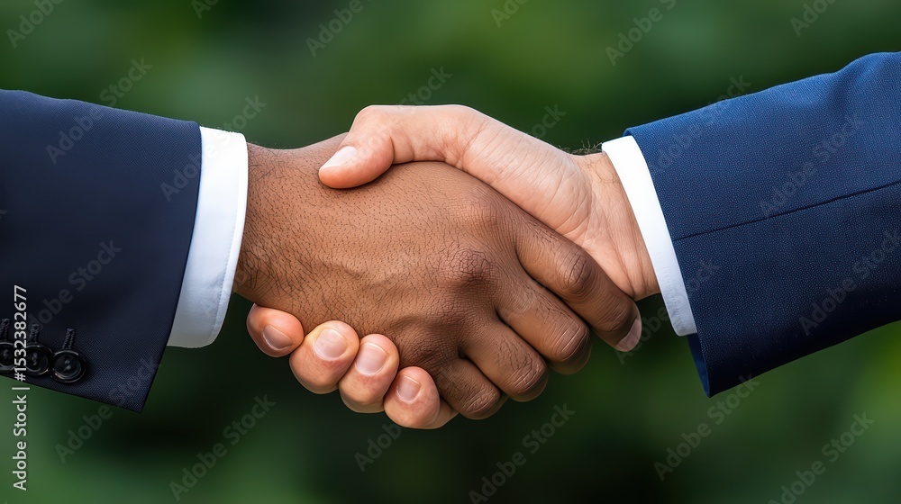 Poster close-up of diverse hands shaking in agreement against a green background symbolizing unity and coll
