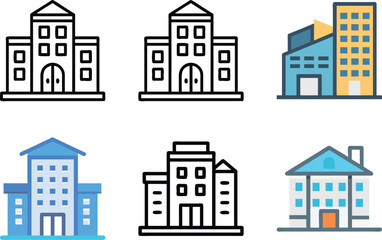 Six icon Various architectural representations depicting diverse building structures and their features