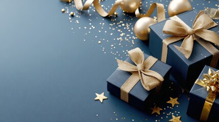 a stylish arrangement of blue gift boxes adorned with luxurious gold ribbons and bows. The presents are artfully placed on a deep blue background, mostly concentrated in the upper left corner.