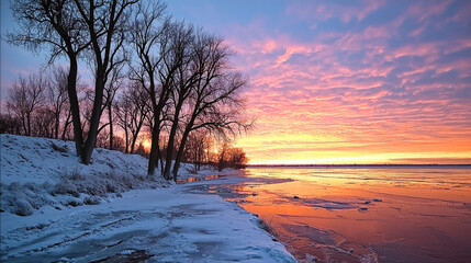 Frozen river winter landscape sunset sky bare tree snow bank colorful cloud tranquil serene view