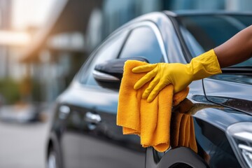 Person in yellow gloves cleaning black car with microfiber cloth in city environment during daylight